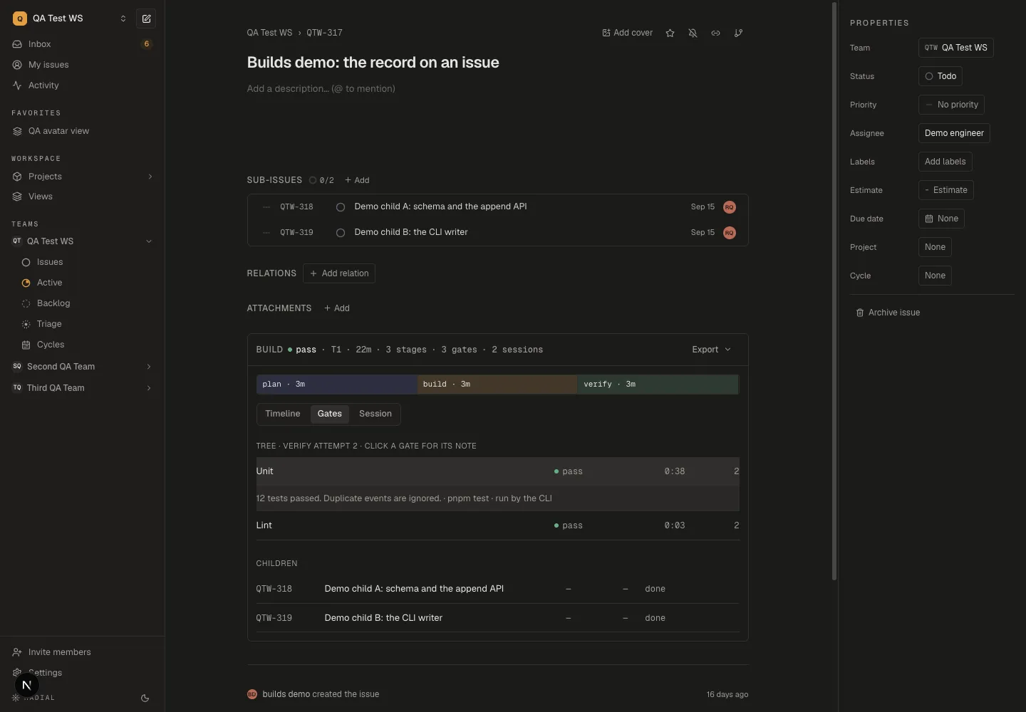 Radial issue page with a passing Unit gate expanded to show its test summary, command, and execution by the CLI.