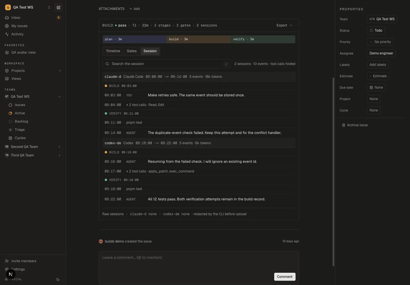Radial app with the Session tab open, showing Claude Code and Codex session headers, time ranges, event and token counts, and the conversation around a failed check.