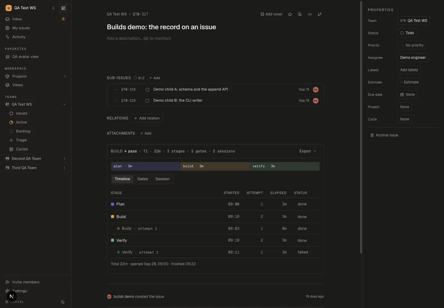 Radial issue page with the Timeline ordering plan, build, and verify, and earlier attempts retained beneath the latest attempt.